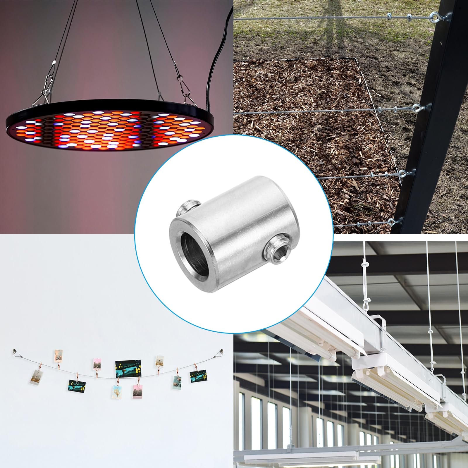 PATIKIL Zestaw klipsów do lin drucianych 8 mm, 5 szt., stal nierdzewna 304, podwójne otwory, zaciski kablowe, klips ze śrubami sześciokątnymi, klucz do montażu lin stalowych, srebrny