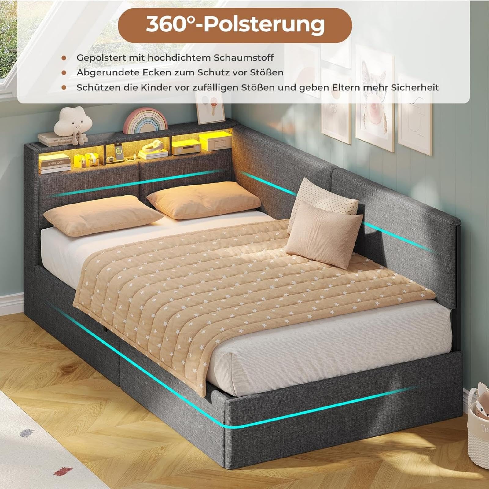 AOGLLATI Letto Singolo con Contenitore Idraulico 90x200, Divano Letto Singolo con Testiera Imbottita y Luce LED Regolabile, Struttura Letto Singolo con Stazione di Rricarica, Salvaspazio, Grigio Scuro