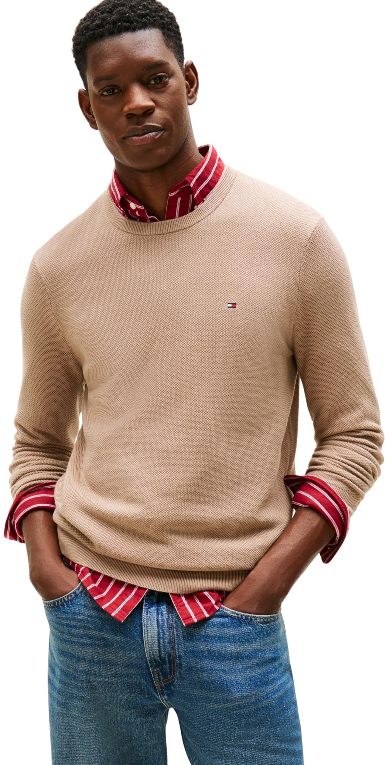 Tommy Hilfiger Men’s Regular Fit Essential Structure Crew Neck Jumper, Beige (Coastal Taupe), XXL
