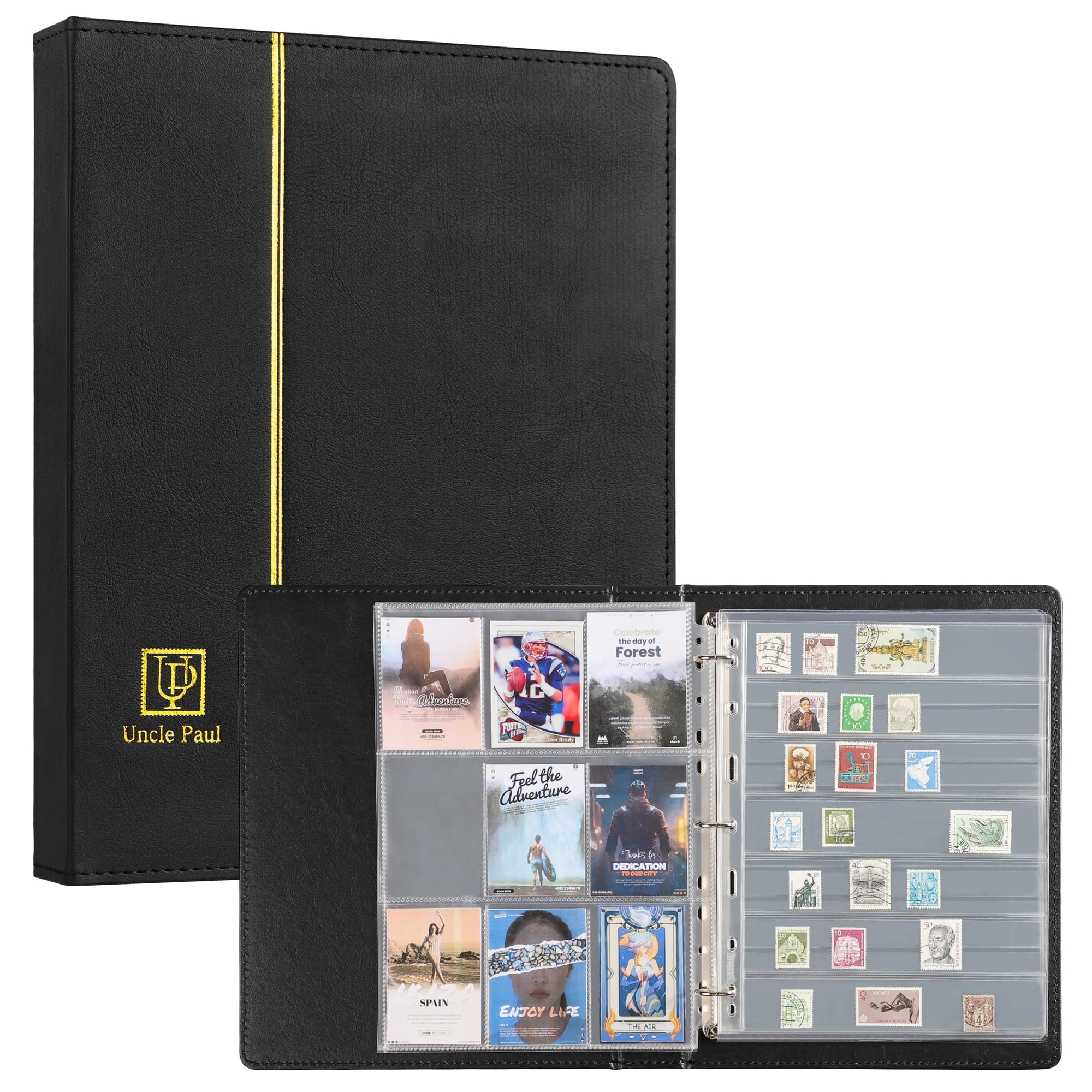 Uncle Paul 3 Ring Binder Albums - 12.5" x 10" Black Cover Binders Compatible with 9-Hole 11-Hole Pocket Pages Universal for Stamps Coins Banknotes Documents BU04BK3R