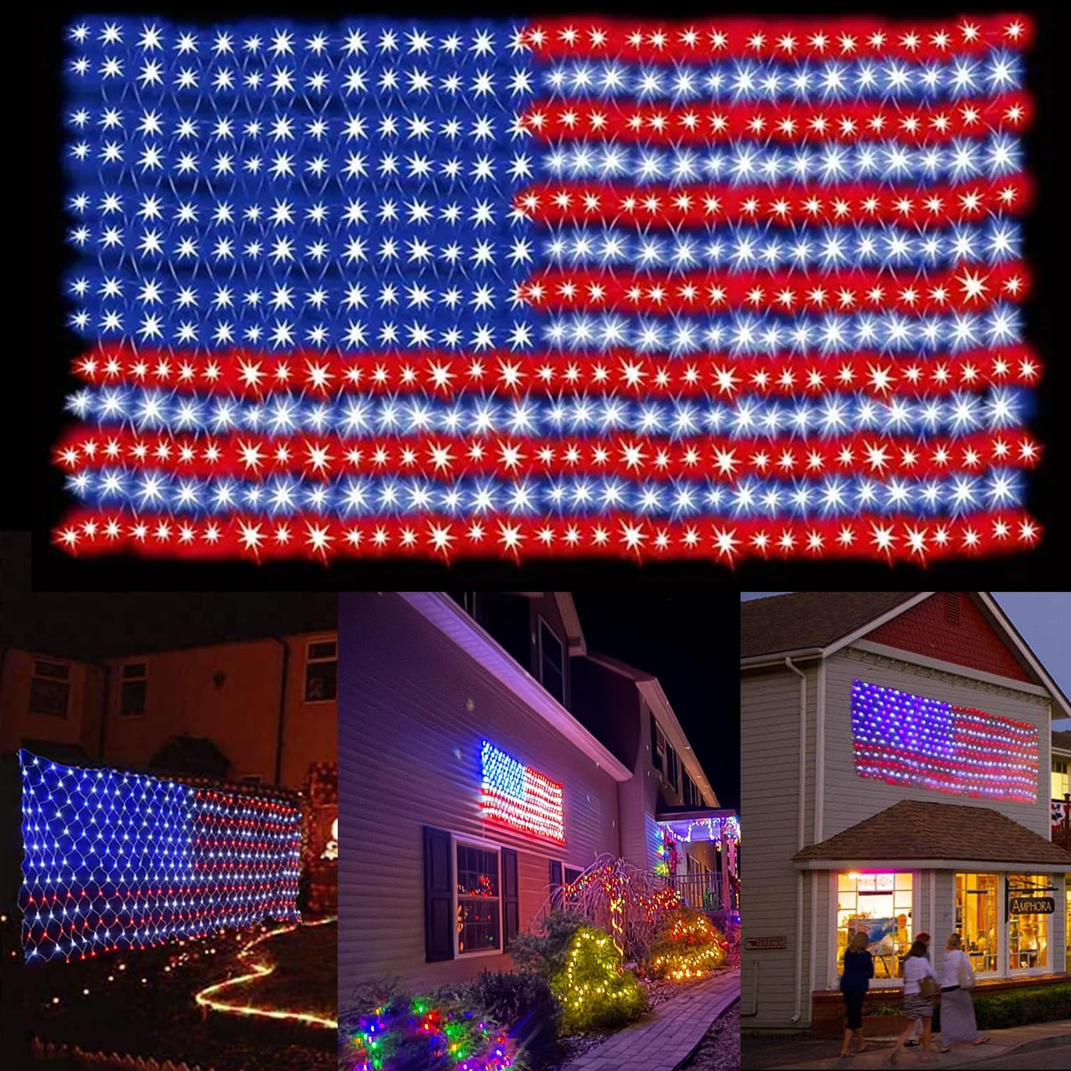 LED アメリカン　ピクチャー　光ります　USA ダイナー Upgraded) American Flag Net Lights, 4th of July Decorations, 420