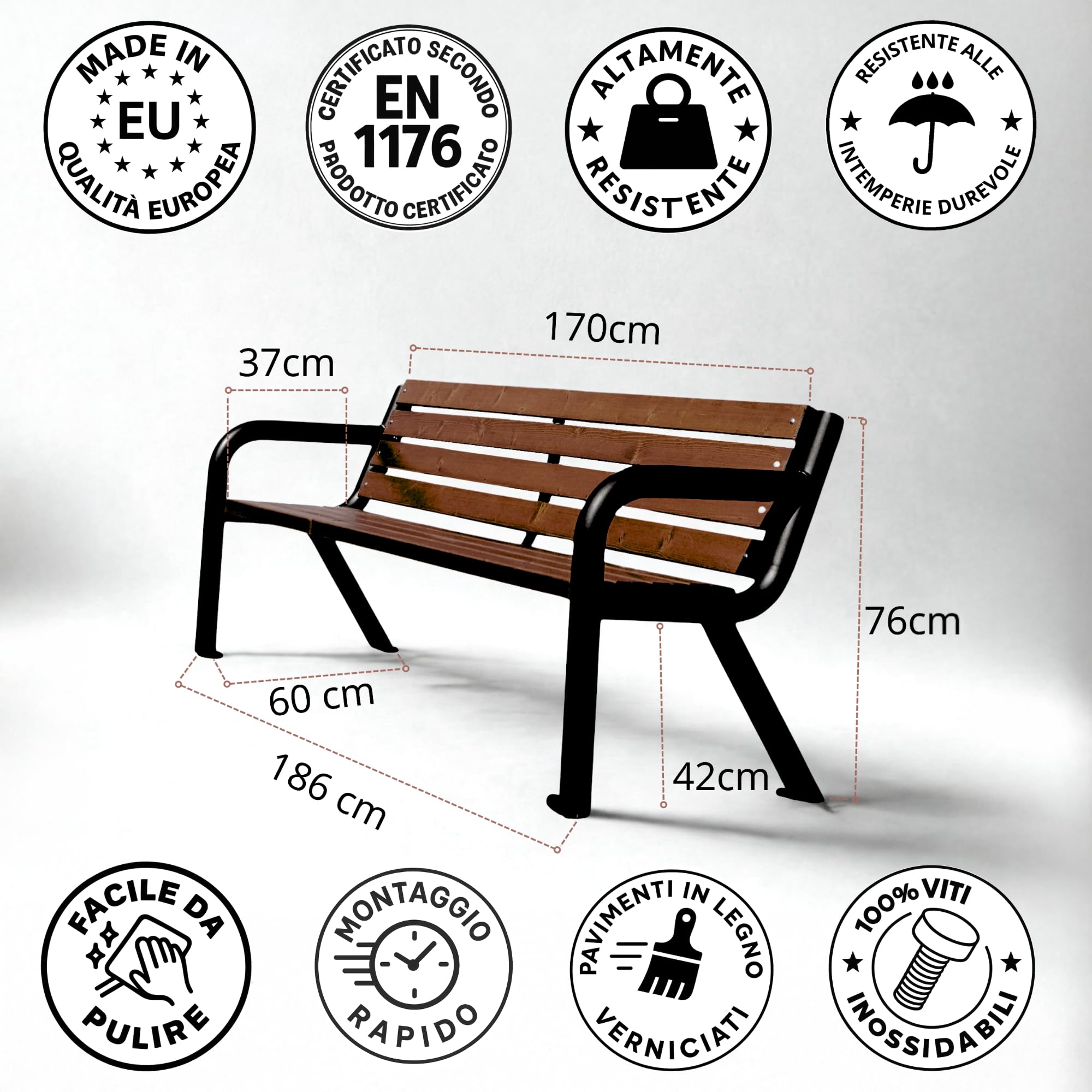 REKORD Panchina da Giardino 186 x 60 x 76 cm Panchina da Esterno in Legno e Metallo con Schienale Resistente alle Intemperie Panchina per Giardino Terrazzo Balcone o Parco – VIKING BIS – Palissandro