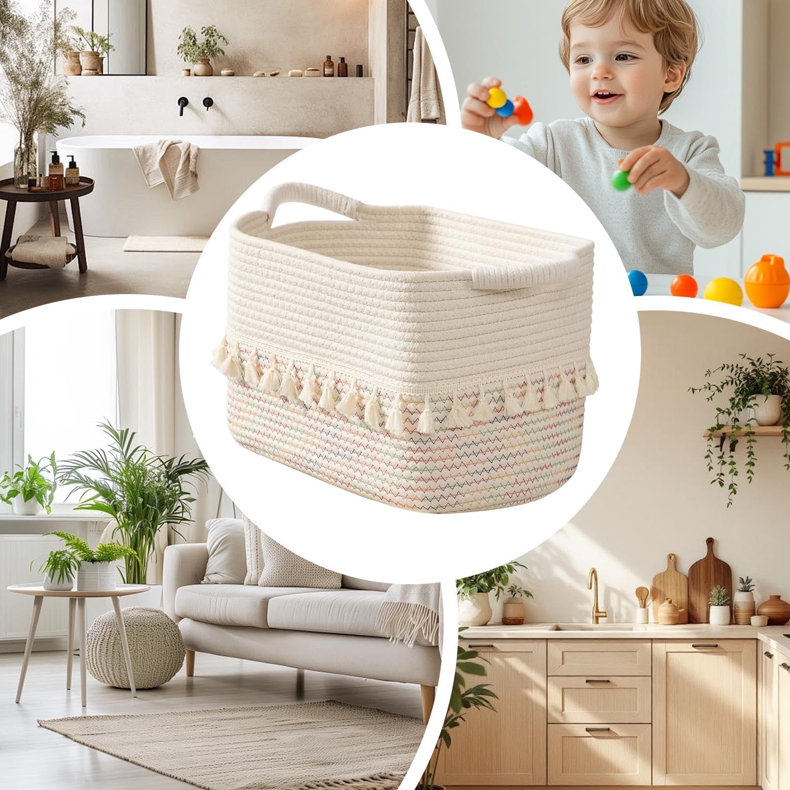 MRKU Cesta de Almacenamiento rústica para Cocina con Asas - Algodón Tejido para estantes, Juguetes, Mantas, Toallas, Libros, Armario, lavadero, baño, despensa.