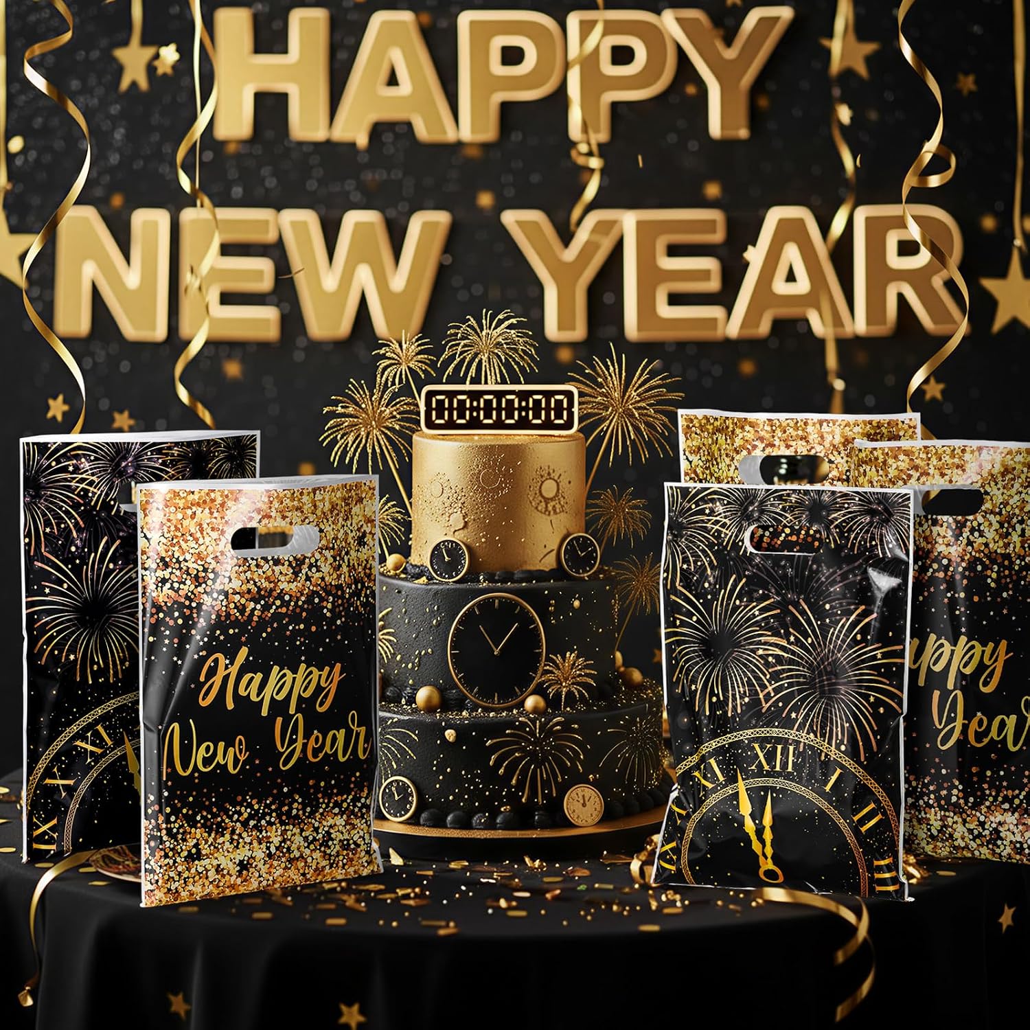 Abbylike 60 Pcs 2026 Happy New Year Gift Bags with Handle New Year Eve Party Favor Black and Gold Plastic Goodie Treat Candy Snack Supplies Double Side Print for Party Supplies Decorations image 5