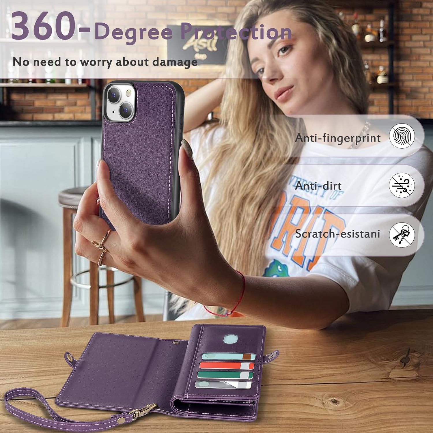 for Wallet Case Compatible with iPhone 13,Multi-Function Detachable 2 in 1 Magnetic iPhone 13 Case Wallet,Flip Strap Zipper Card Holder Phone Case with Shoulder Straps (Pruple)