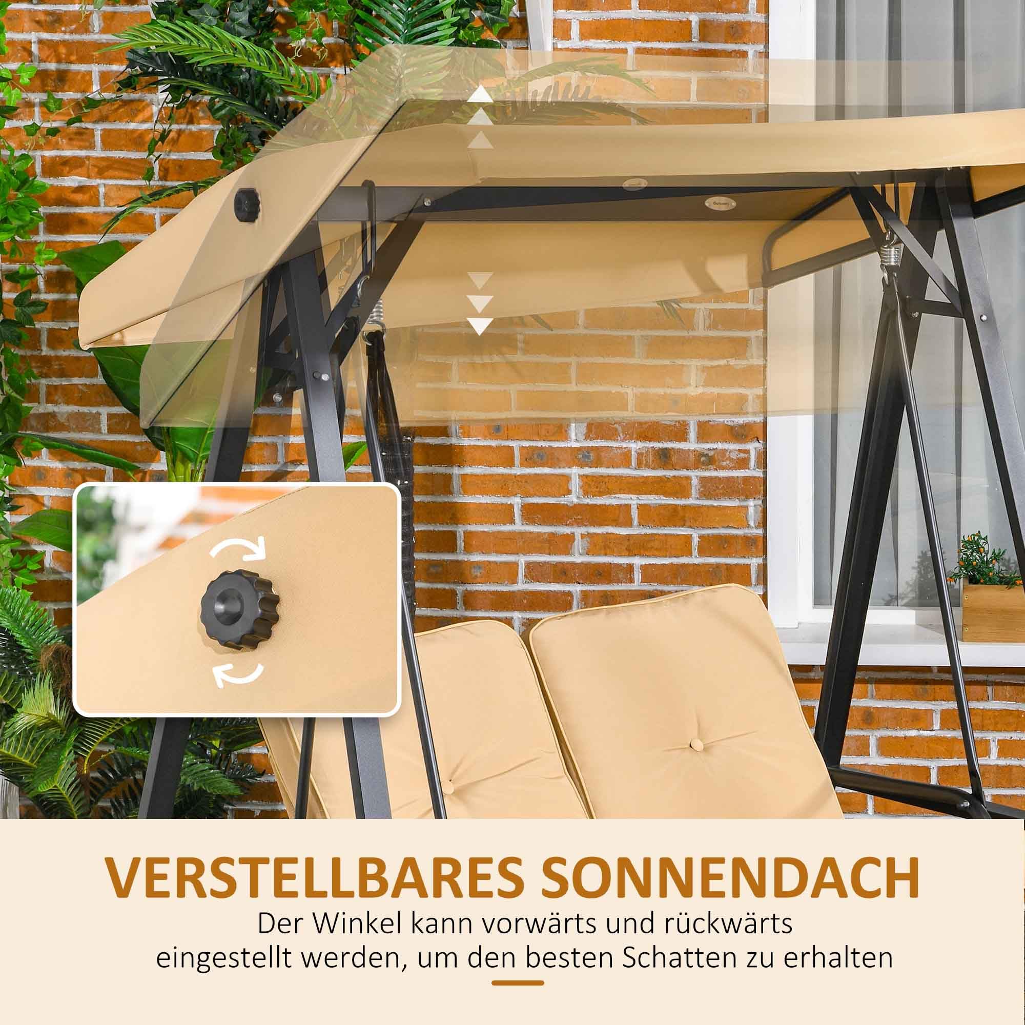 Outsunny Hollywoodschaukel 3-Sitzer Gartenschaukel mit verstellbarem Sonnendach, Schaukelbank belast bis 220kg, Gartenliege für Garten, Terrasse, 145 x 116 x 172 cm, Beige