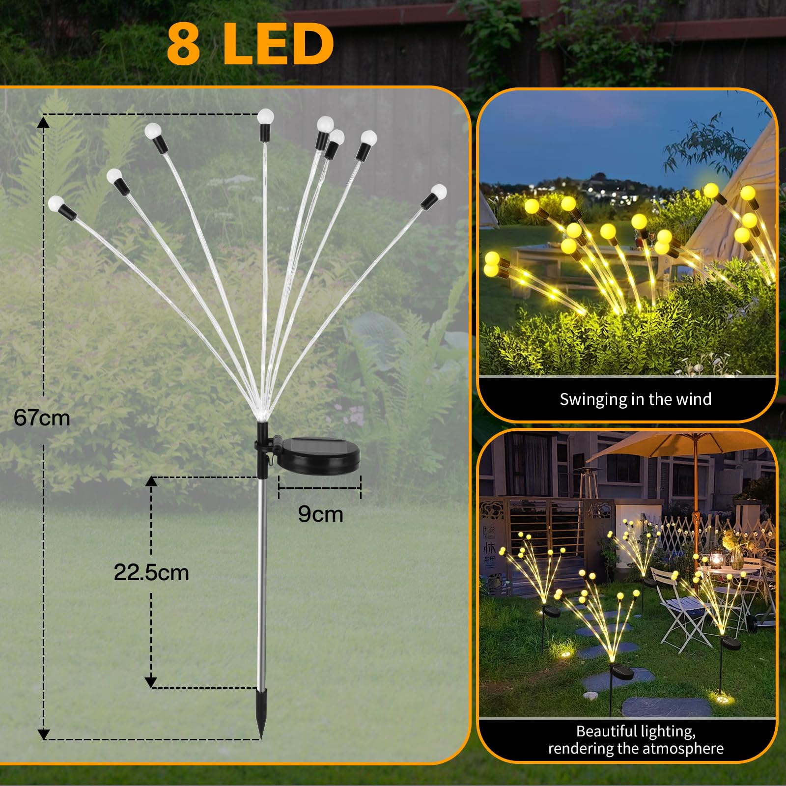 6 Pièces Lumière Solaire Lucioles, 8 LED Lampe Solaire Extérieure Étanche, Lampes Jardin Firefly, Lampe Solaire Extérieure Luciole pour Jardin Décoration, Balcon Allée Terrasse, Janue Chaud