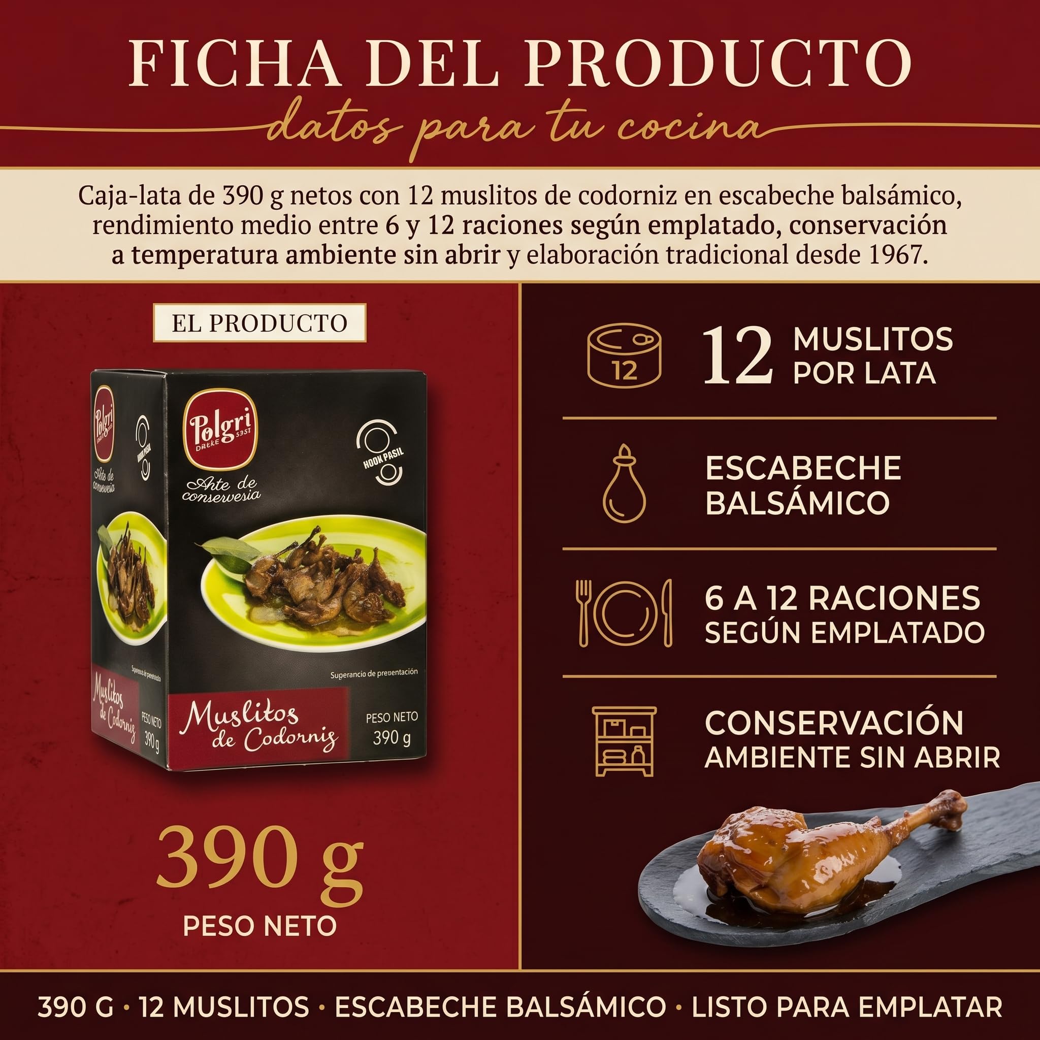 Polgri Muslitos de Codorniz en Escabeche Balsamico 12 Muslitos 390 gr x 3 latas Conserva Abre Facil Lista Comer Caliente o Frio Aperitivo Gourmet Tradicional Espanol desde 1967 Arte de Conserveria