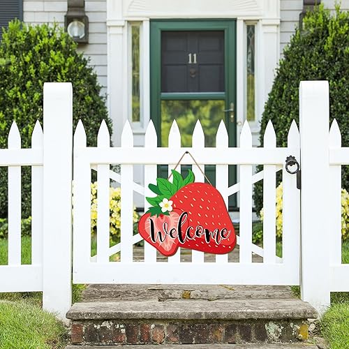 Miniatura 7 de Whaline Letrero colgante de madera de fresa para puerta de bienvenida, tema de frutas de verano, plaga, estacional, puerta delantera, decoración