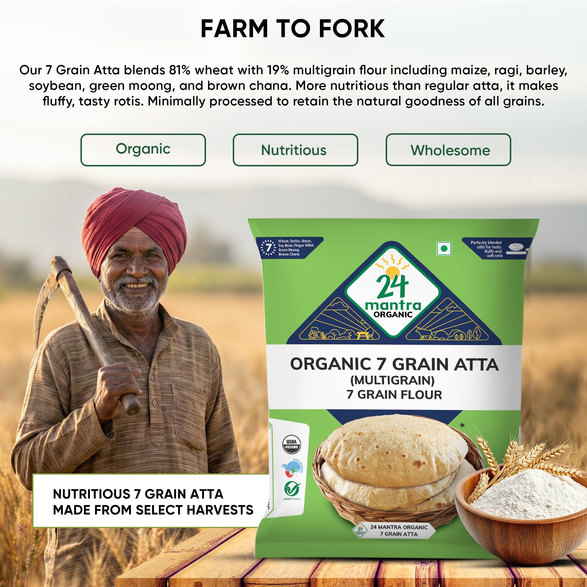 Organic 7 Grain Atta 1Kg/2.2 lb (Wheat, Pearl Millet, Sorghum, Green Mungbean, Barley, Ragi, Soybean) - 24 Mantra Organic