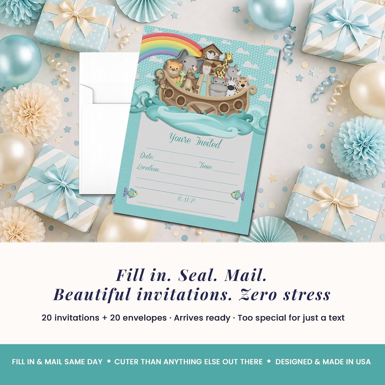 Noah’s Ark Birthday Party or Baby Shower Invitations, 20 5x7 Fill In Cards with Twenty White Envelopes by AmandaCreation