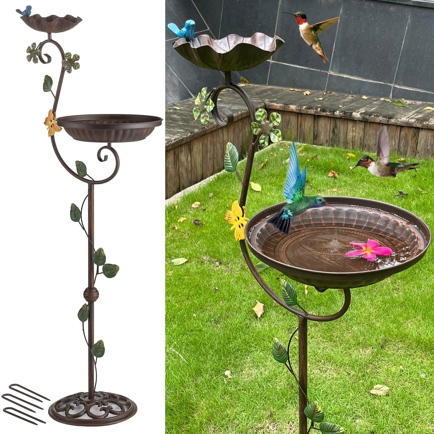 Vogeltränke aus Metall für den Außenbereich, 111,8 cm Höhe, Gusseisen, Podest, Vogeltränke und Futterspender, Vintage, robuste, robuste Vogeltränke, hohe Florale Akzente, Vogeltränke für