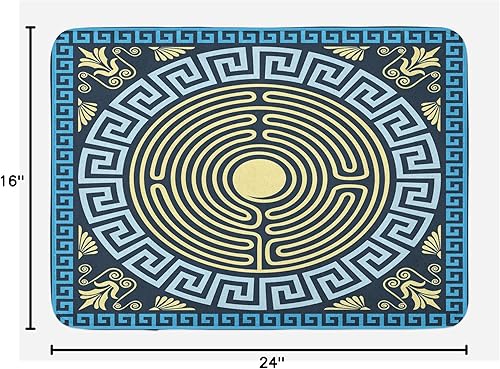 Miniatura 2 de Tapete de baño con llave griega, patrón de laberinto amarillo y azul de la cultura con detalles florales, tapete decorativo de baño de felpa con