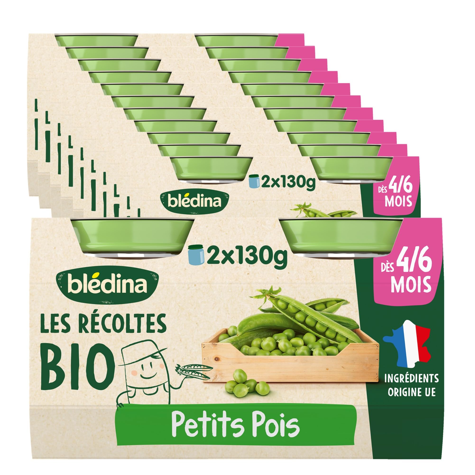 Blédina - Les Récoltes Bio - 24 petits pots pour bébé - Petits Pois dès 4/6 mois (Pack de 12x2 pots)