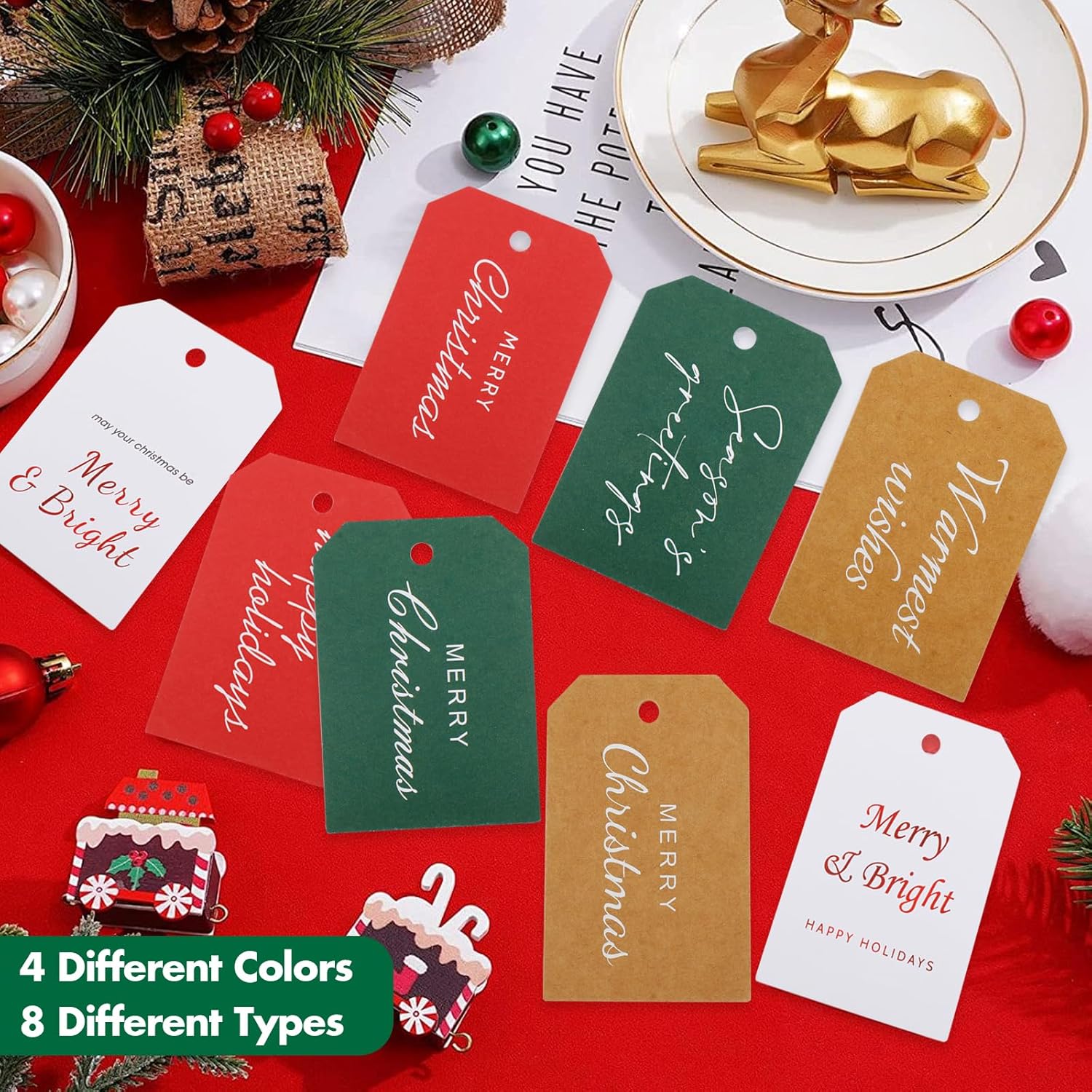PECULA Christmas Gift Tags 200P, 4 Colors Hang Tags for Labeling 8 Different Types, Elegant Christmas Name Tags with String for DIY, Wrapping, Crafts, New Year, Decoration - Image 3