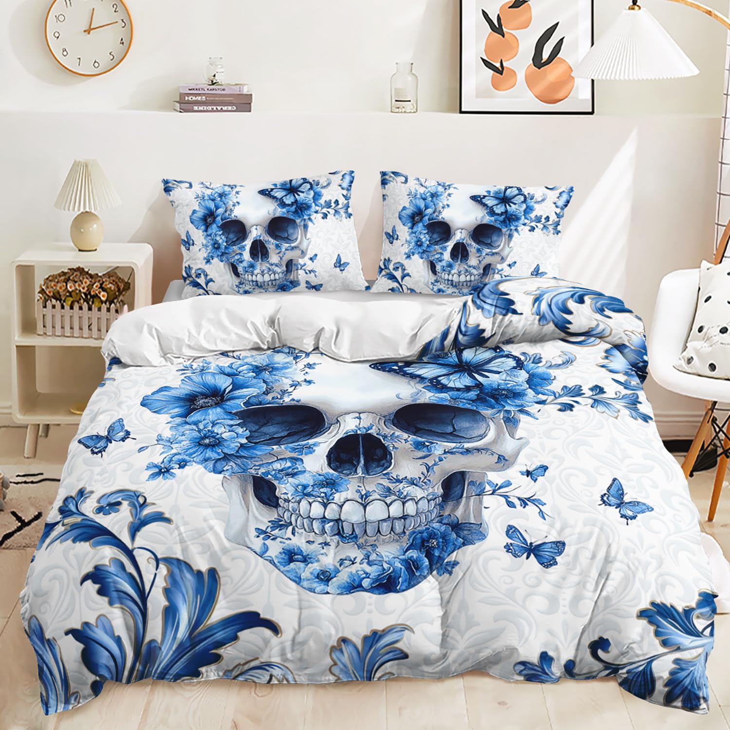 AILONEN Girls Floral Skull Duvet Cover Set Full Size,Blue White Sugar Skull Bedding Set,Watercolor Skeleton Comforter Cover with 2 Pillowcases,3