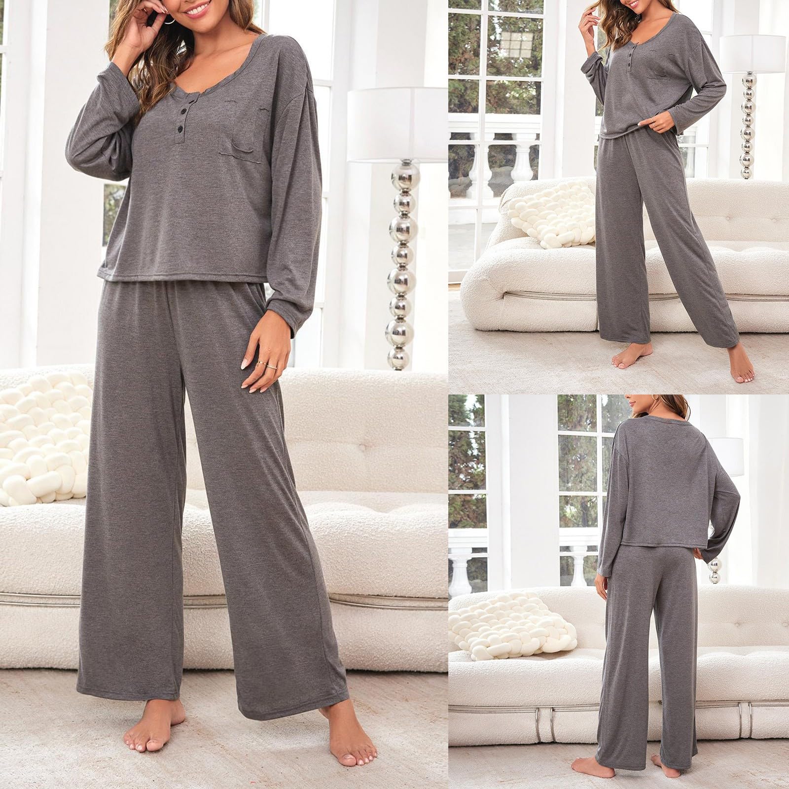 Pijama largo para mujer, conjunto de pijama de dos piezas con cuello redondo y cintura elástica a cuadros, pantalones de pijama, traje de casa, traje de ocio para primavera y otoño