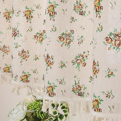 Miniatura 10 de Cenefa de mezcla de lino floral para ventana de 20 pulgadas de largo, cenefas de cortina de cocina con borlas, rosa rosa, retro, elegante, cortinas