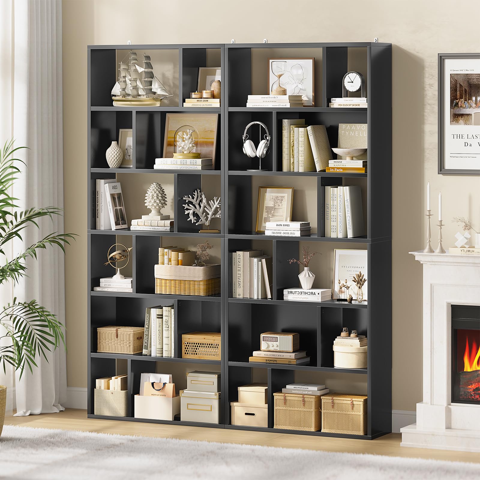 Bibliothèque, Étagère à 6 Niveaux, Cloison Séparateur, Présentoir, Meuble de Rangement avec 12 Compartiments Ouverts pour Salon, Chambre, Bureau, 24 x 60 x 173 cm, Noir