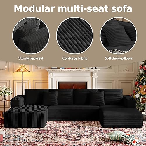 Miniatura 3 de Sofá modular de pana de 134.6 pulgadas, moderno sofá modular sin hueso en forma de U para sala de estar, sofá tapizado con diván y almohadas, sofá