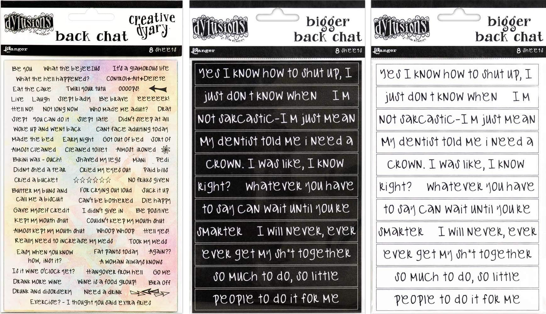 Dyan Reaveley's Dylusions Stickers - Back Chat, Black Bigger Back Chat and White Bigger Back Chat - 3 Item Bundle