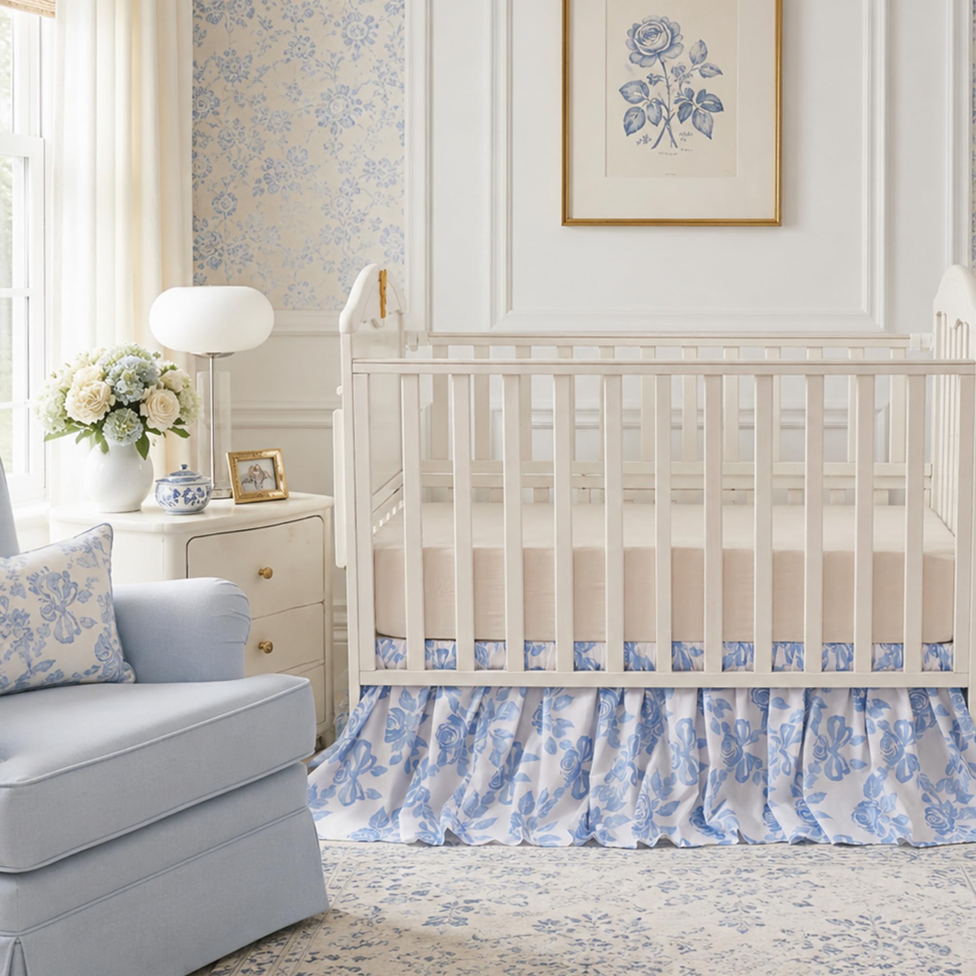 Brandream Organic Cotton Crib Skirt Dust Ruffle, Baby Girl Crib Bed Skirt, 4-Sided, Luxury French Vintage Blue Rose Floral &amp; Bow Cottagecore Toddler Bedskirt Farmhouse Chic Nursery Bedding Skirt