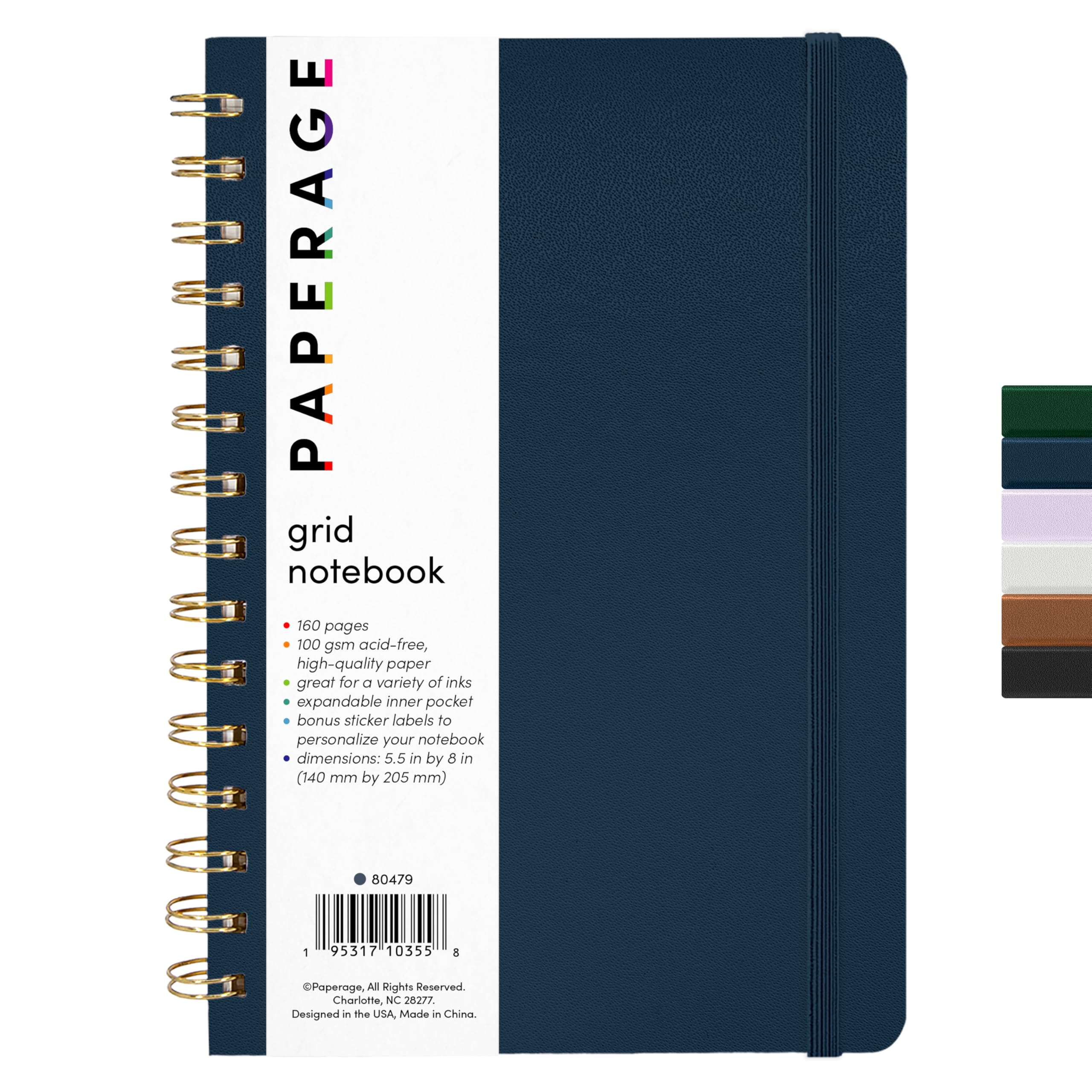 PAPERAGE Graph Paper Spiral Notebook & Journal, (Navy), 160 Pages, Medium 5.5 inches x 8 inches - 100 GSM Thick Graphing Paper, Hardcover, Double-Wire