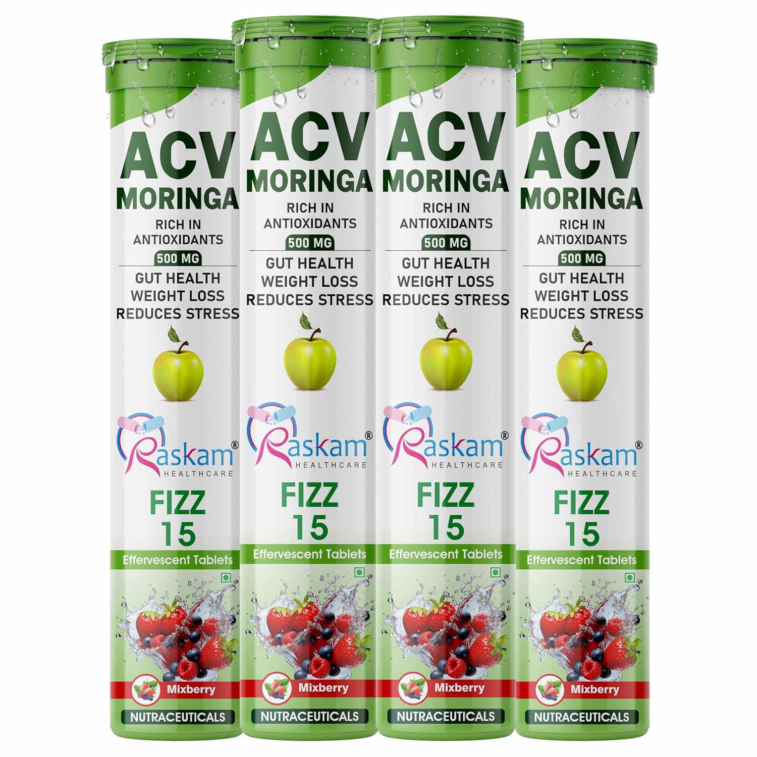 ACV Moringa 15 Effervescent Tablets 500mg Apple Cider Vinegar With No Added Sugar For Gut Health | Weight Loss | (Pack of 4 Mixberry)