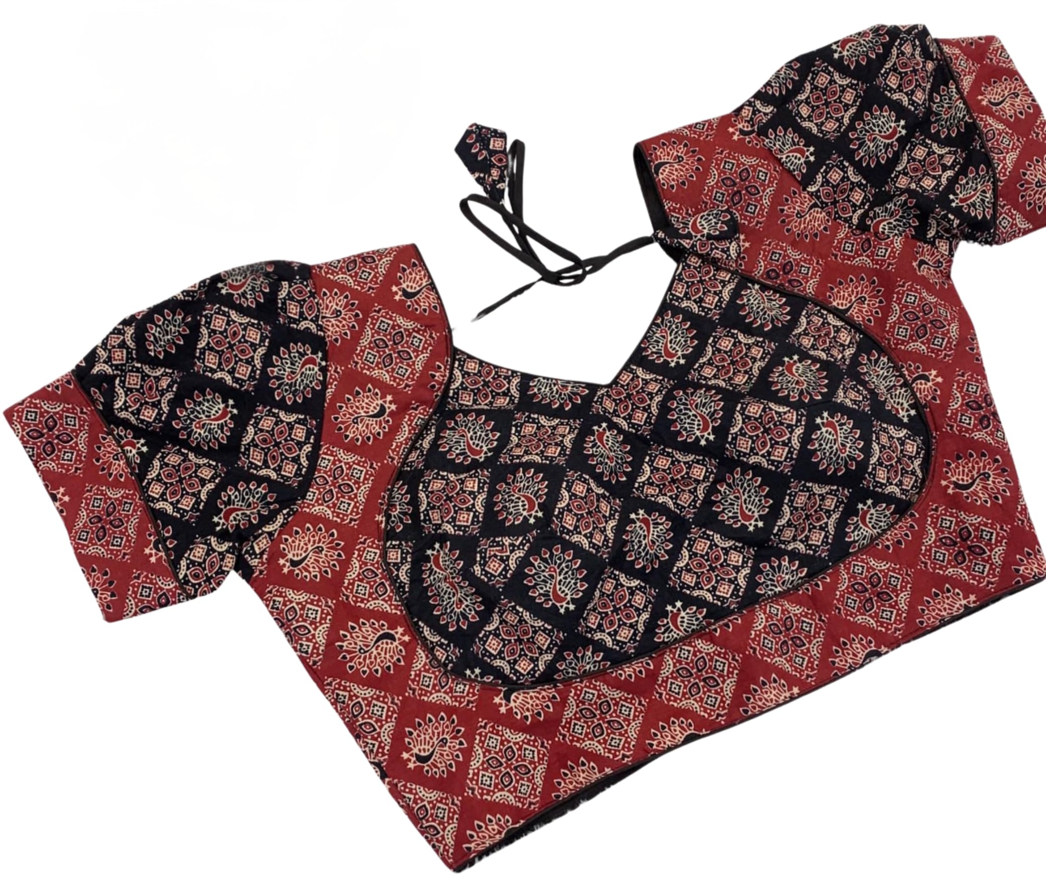 shrisay creation Women's Ready-to-Wear Pure Ajrakh Cotton Padded Blouse - V-Neck Front, Back Hook Closure | Puff Short Sleeves (9”) | Khadi Cotton Lining | Size 38 (Alterable 36–40) (Black & Maroon)-picture-54