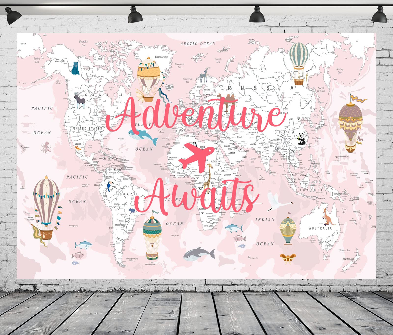CORFOTO 5x3ft Fabric Pink Adventure Awaits Backdrop Global Travel Themed Birthday Party Decorations Adventure Begins Baby Shower Party Decor Table Banner Kids Girls Portraits Photo Booth Studio Props