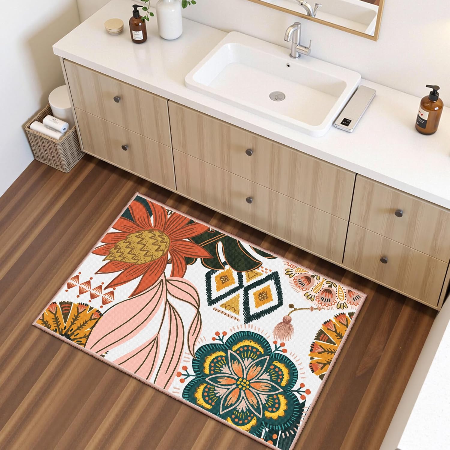 Tyrot Boho Floral 2x3 Washable Kitchen & Entryway Rug Ultra-Thin Linen-Look Low-Pile Botanical Area Rug Non Slip Indoor Door Mat for Bathroom Bedroom, Blush Pink