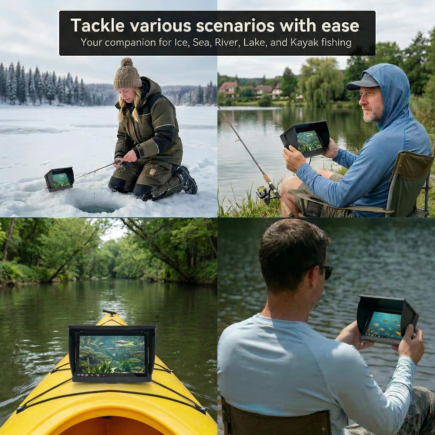 Fish Finder Underwater Fishing Camera: 1080P DVR-32GB 6“ HD OLED Display with 2000nit Brightness 10,000mAh Battery 220°Wide-Angle IR/Waterproof Camera 82Ft Cable for Ice Lake Boat Fish