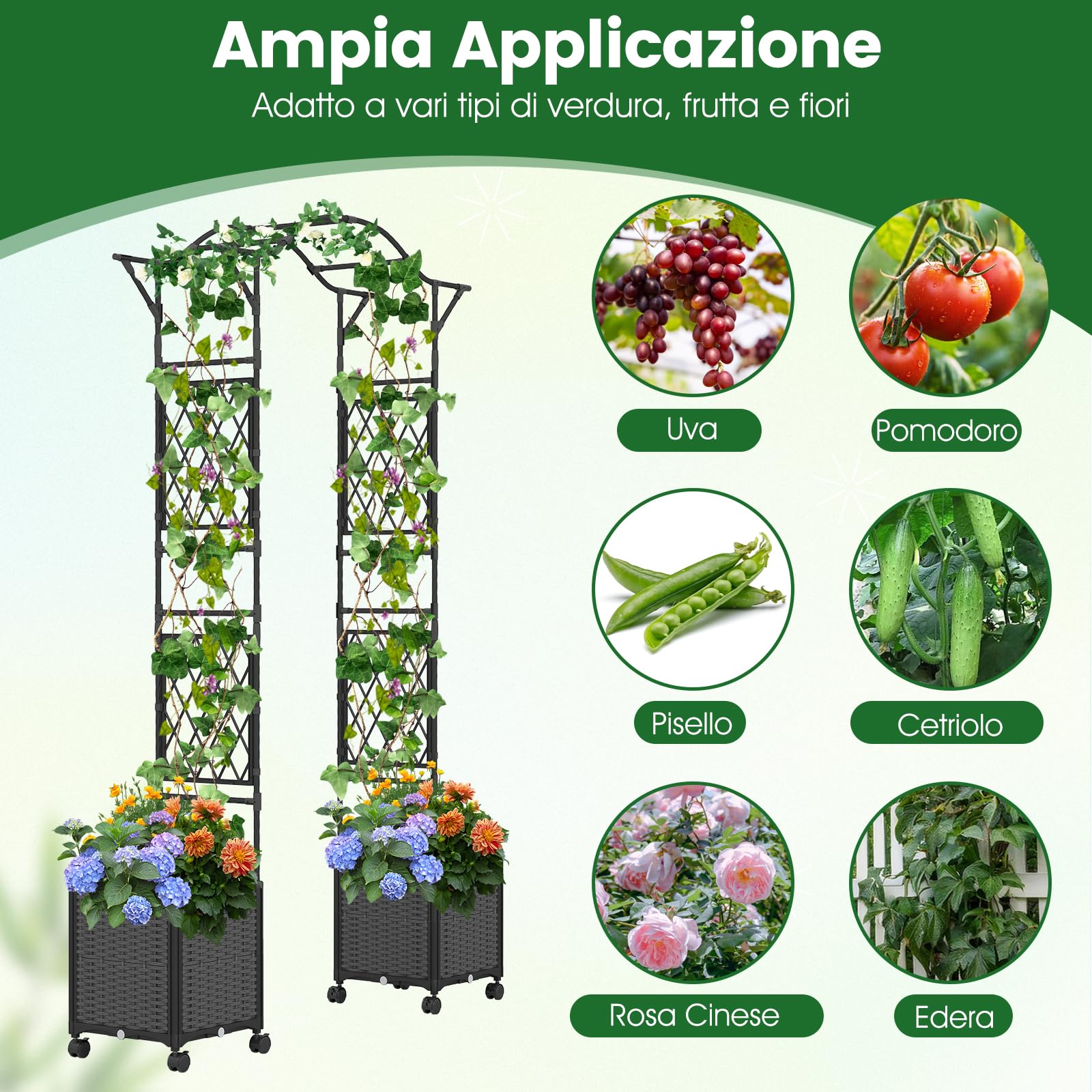 COSTWAY Arco da Giardino con 2 Fioriere Auto-irriganti e Ruote, Supporto per Piante in Metallo Rivestita PE Antiruggine, Grande Arco per Viti e Rose da Matrimonio all'Aperto (Grigio)