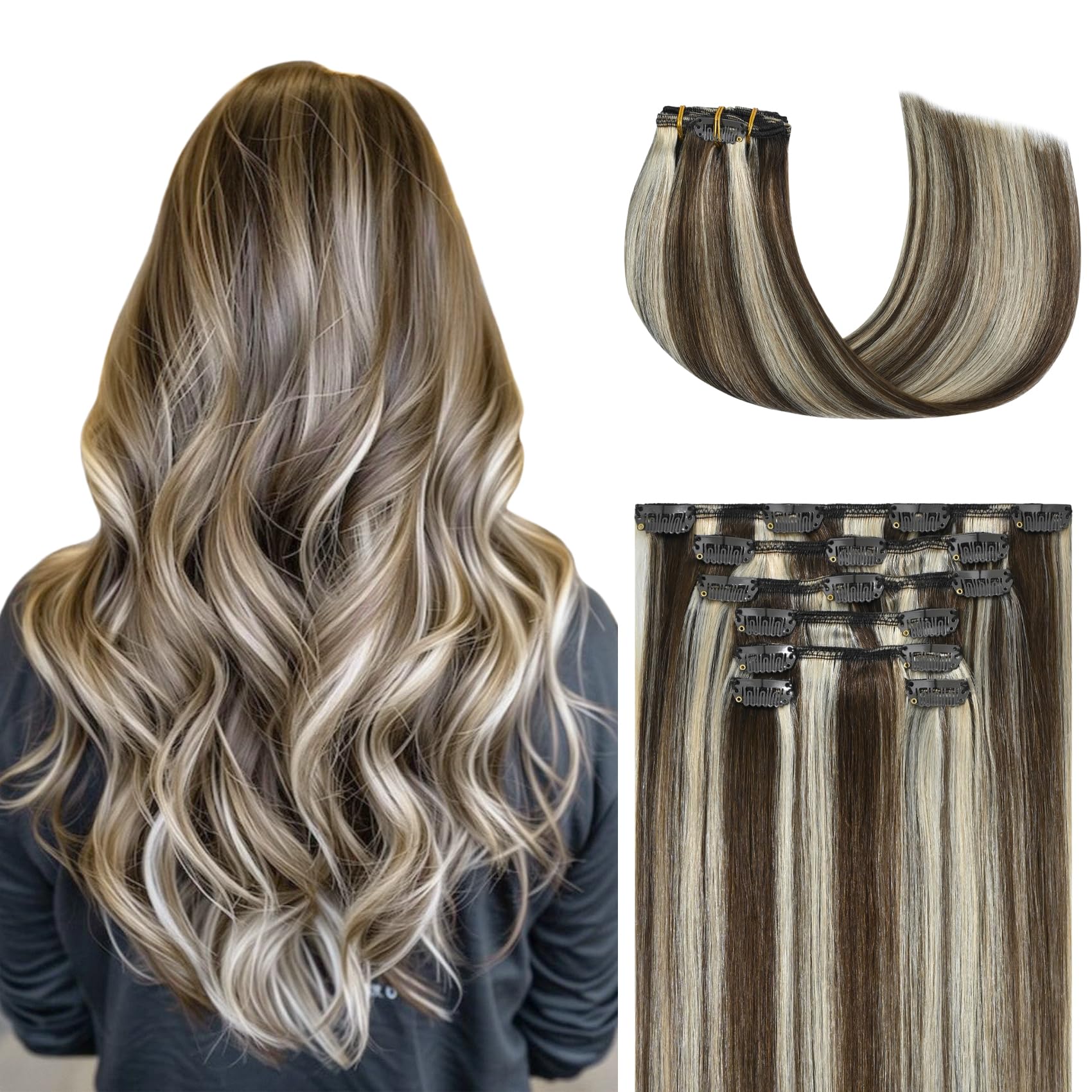 Honsoo Hair Extensions Medium Brown To Blonde Clip In Hair Extensions Real Human Hair 70g 7pcs 12inch Short Remy Seamless Clips Human Hair No Tangles