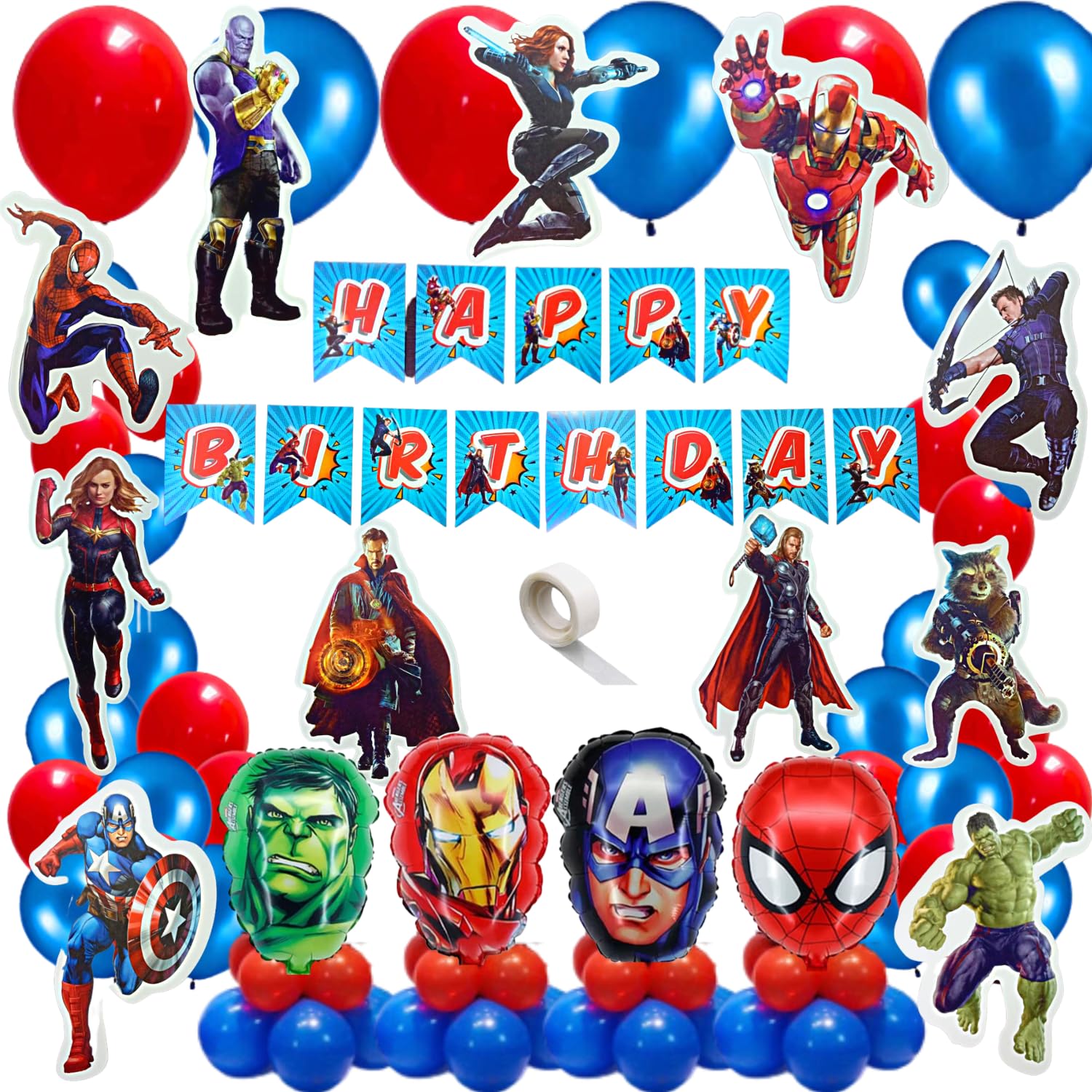 FI - FLICK IN 70 pcs Super Hero Theme Birthday Decoration Happy Birthday Banner Cutouts Props Cake Topper 10th Birthday Decoration for Boys Hero Face Foil Balloons (Pack of 70, Multicolor)