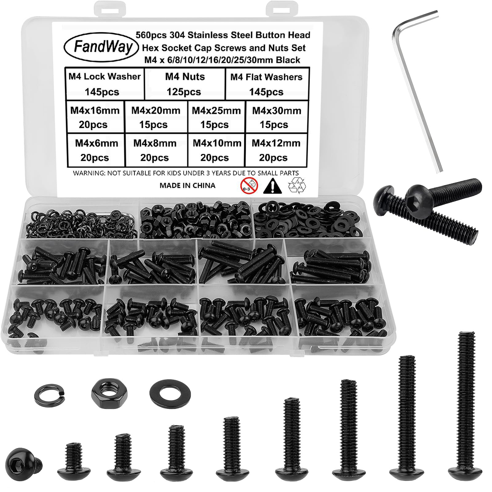 FandWay 560Pcs M4 Bolts and Nuts Set,Black Button Head Machine Screws,304 Stainless Steel Allen Screws,Hex Socket Cap Screw Nut Bolt and Flat & Lock Washers Assortment Kit,Fully Threaded With Key.