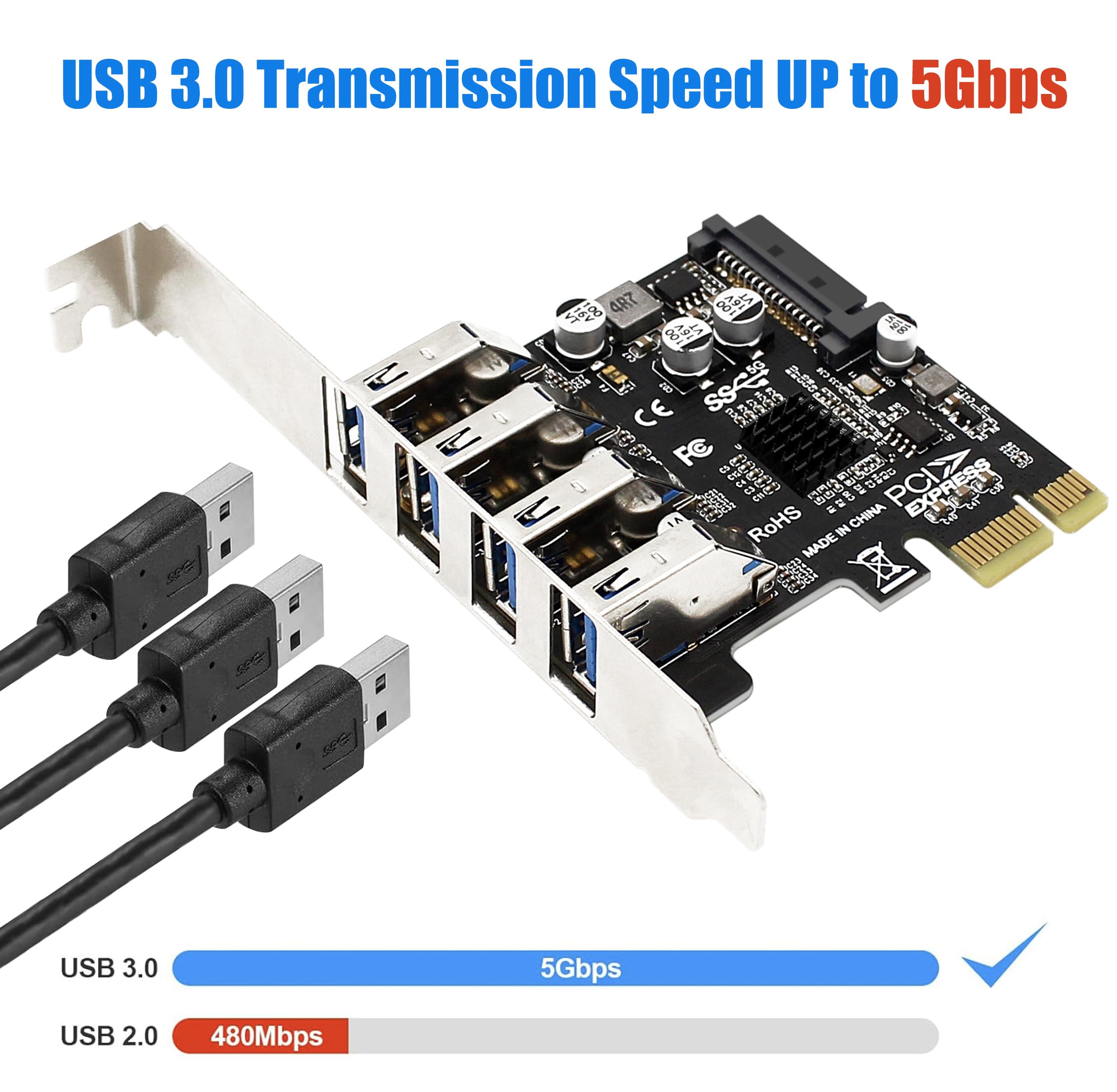 Tarjeta de expansión USB PCIe de 4 puertos, USB 3.2 Gen 1 (5 Gbps), controlador de adaptador de concentrador interno para Windows 11/10/8.1/7/Vista/XP