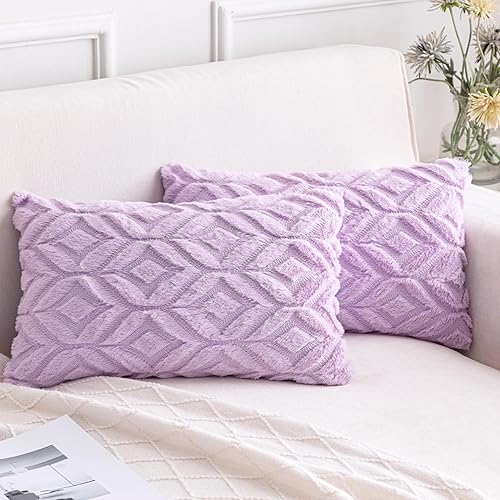 AQOTHES Juego de 2 fundas de almohada de piel sintética de color morado suave de 12 x 20 pulgadas, almohadas lumbares decorativas bohemias para