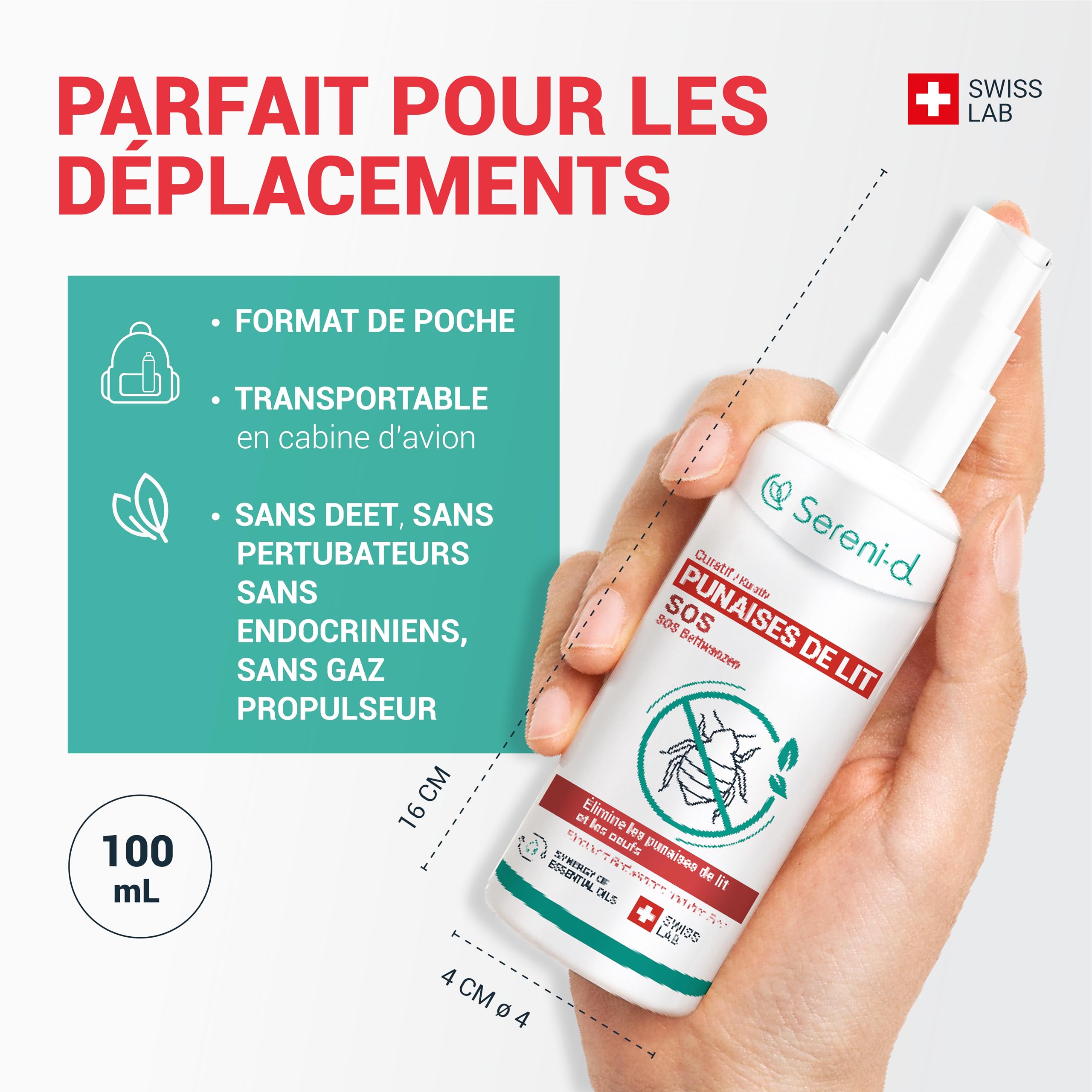 SOS ANTI PUNAISES DE LIT SUPER PUISSANT Sereni-d - Spray Insecticide CHOC Traitement naturel aux Huiles Essentielles et Fleur de Pyrèthre Végétal - Produit qui élimine les punaises de lit - 100mL