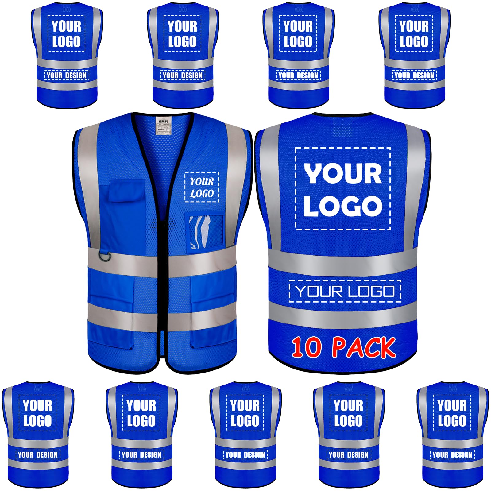 10 Pack Mesh Safety Vest Custom Logo High Visibility Reflective Vest with Pockets Security Work Vest（Blue，M）