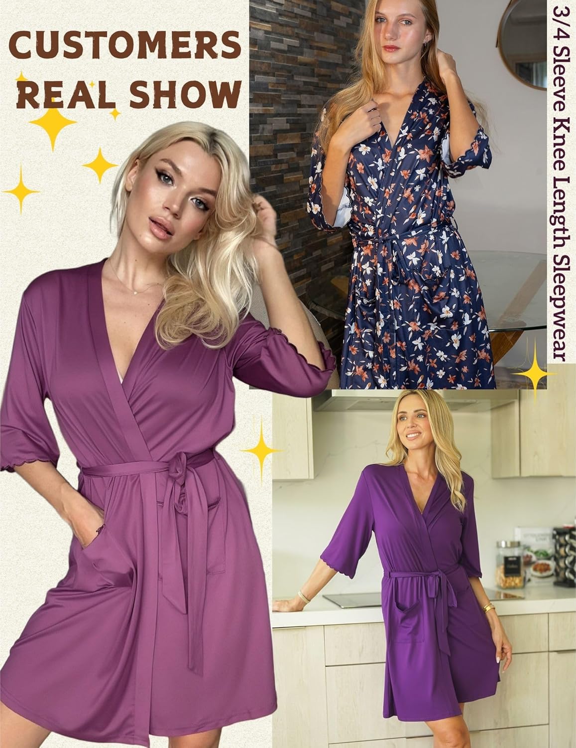 Ekouaer Robes for Women Knee Length Kimono Bathrobe Lightweight 3/4 Sleeve Sleepwear Soft Loungewear with Pockets S-XXL - Image 6