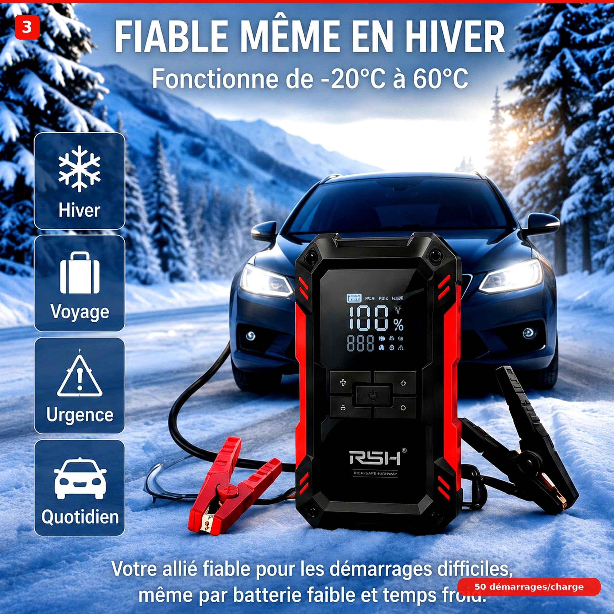 RSH Booster Batterie 4-en-1 — 4000A Jump Starter + Compresseur 150PSI + Batterie Externe 10000mAh + LED — Voitures Essence 9L/Diesel 6.5L, Pinces Intelligentes Anti-Étincelles, Certifié CE RoHS
