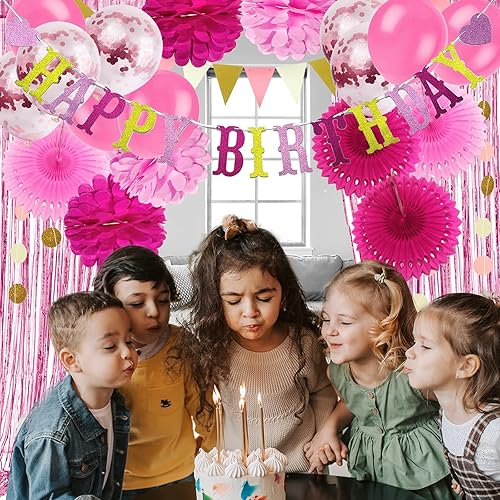 Miniatura 7 de Decoraciones de fiesta rosas pancarta de feliz cumpleaños, cortinas, pompones de papel, abanicos, guirnalda, globos de confeti