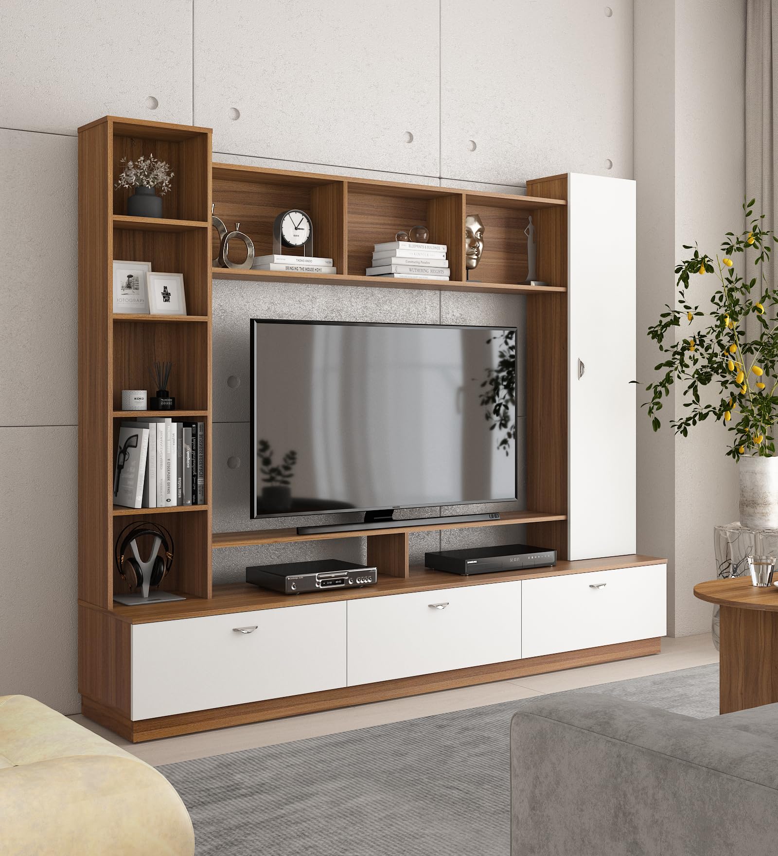 Zenvy TV Unit | Engineered Wood | TV Unit with Closed & Open Shelves Storage | Exotic Teak & Frosty White Finish | Knock Down | 36 Months Warranty-image-2