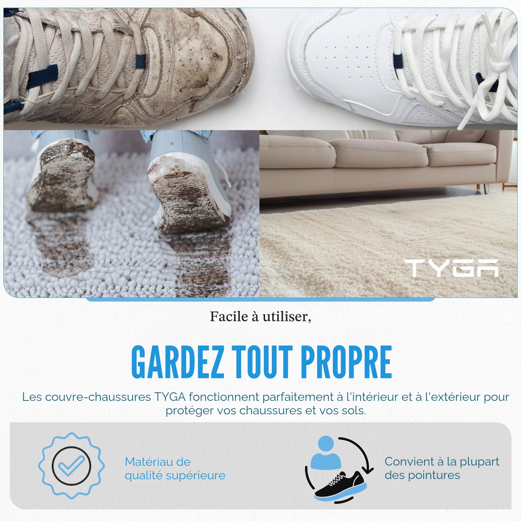 TYGA Lot de 100 couvre-chaussures imperméables en relief antidérapants pour protéger le sol, la moquette, le nettoyage, utilisation en intérieur/extérieur, blanc