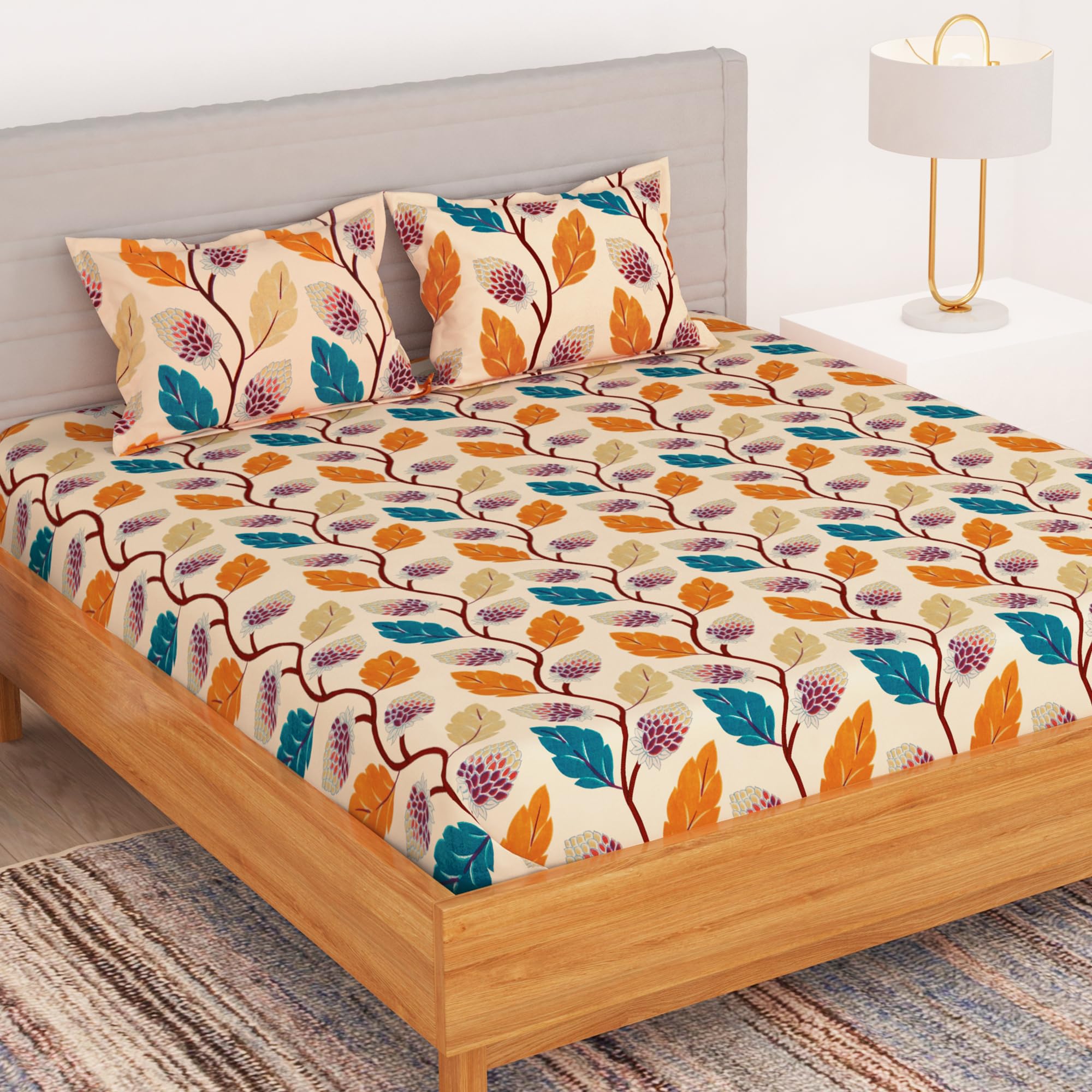 BEDSPUN Microfiber 150 TC Bedsheet for Double Bed with 2 Pillow Covers Soft Touch|Buff, Leaf, Size 220 CM X 225 CM