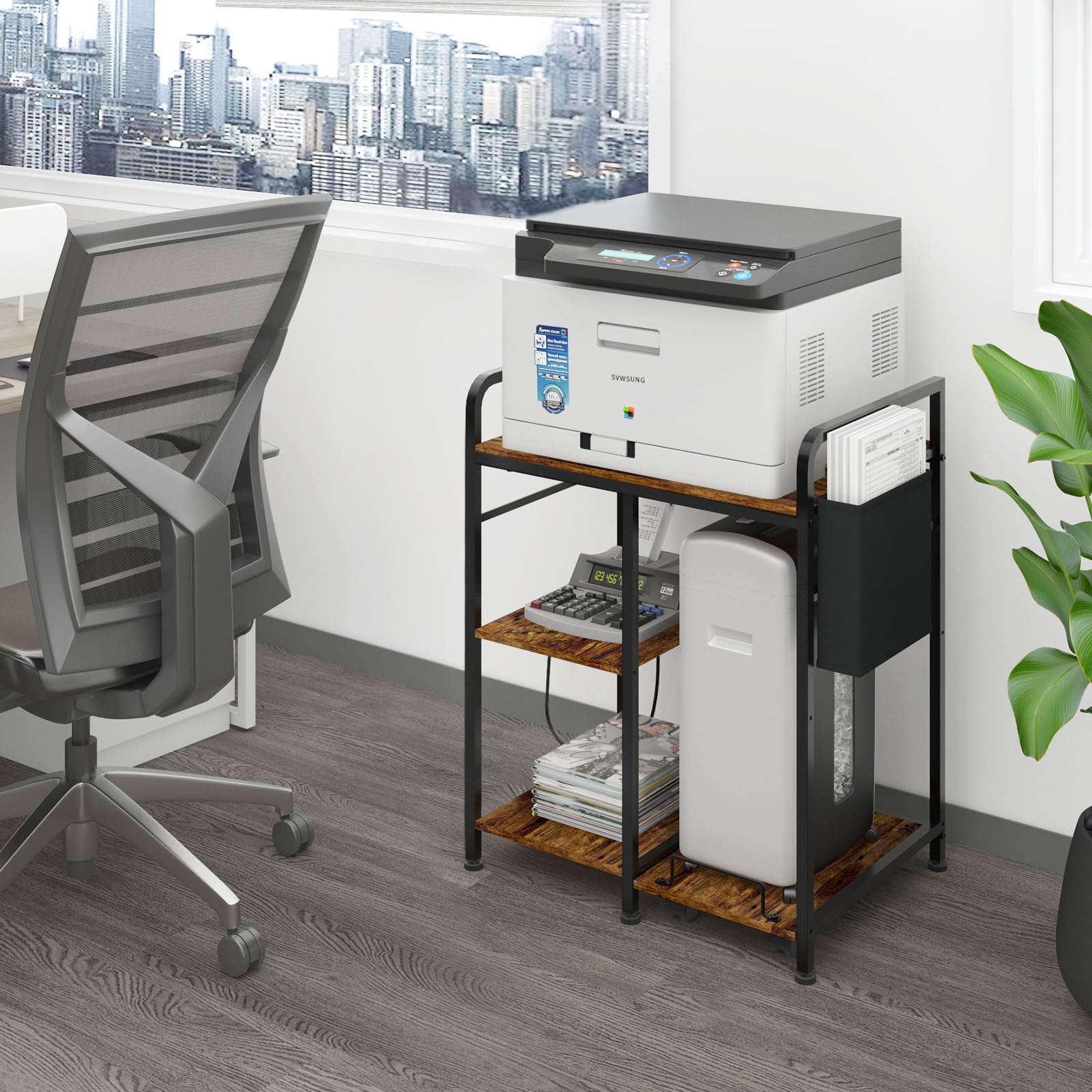 Soporte de impresora para el hogar con estación de carga, 24 x 18 pulgadas para impresora grande, soporte triturador de impresora con almacenamiento para oficina en casa, mesa para máquina de 5