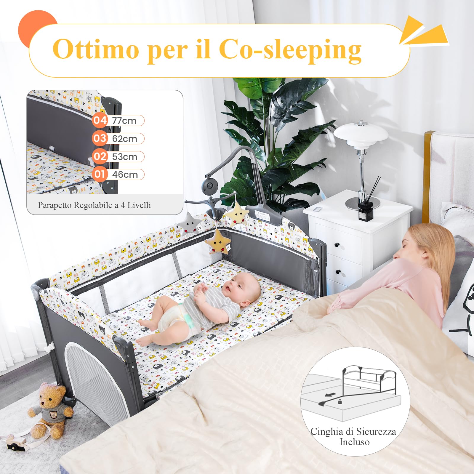 RELAX4LIFE 5 in 1 Lettino Neonato, Lettino da Campeggio con Fasciatoio e Cintura di Fissaggio, Altezza Regolabile in 4 Livelli, Adatto a Bambini 0-36 Mesi, 110 x 76 x 82,5cm (Beige)