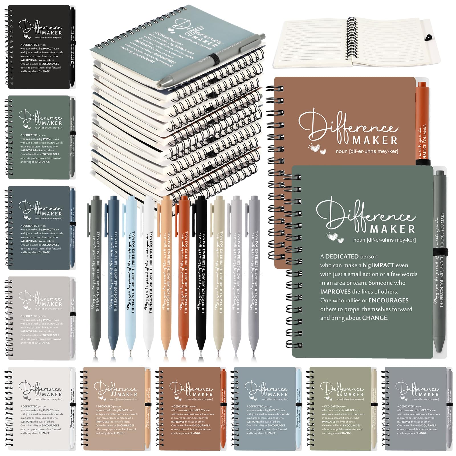 Resurhang 10 Sets Difference Maker Employee Appreciation Gifts Bulk Inspirational A6 Spiral Notebooks Journal with Ballpoint Pens for Social Worker