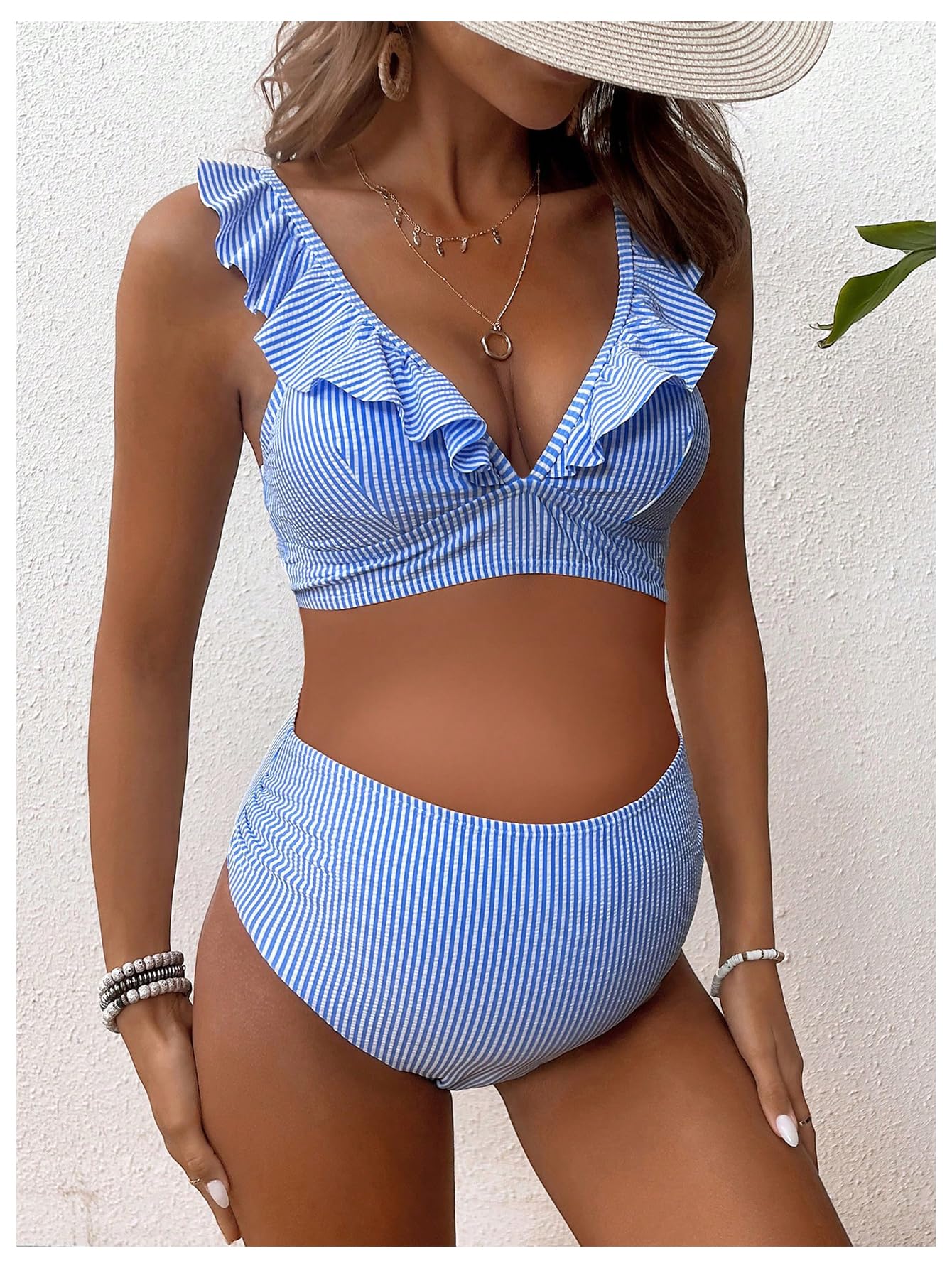 Floerns Costume da bagno premaman a righe con volant e scollo a V, 2 pezzi